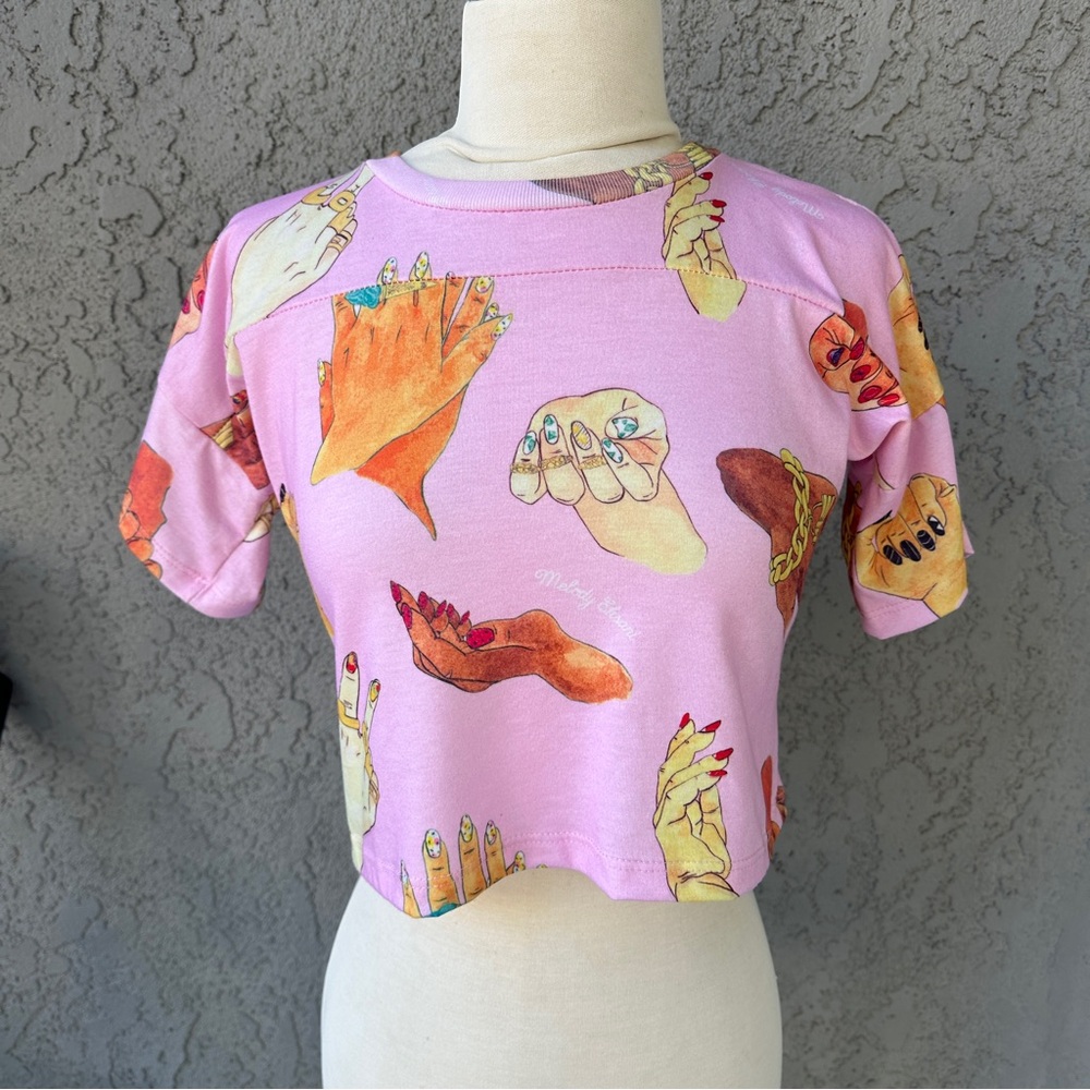 Melody Ehsani ME Nail Cropped Graphic Shirt Pink Tee Small RARE Artsy